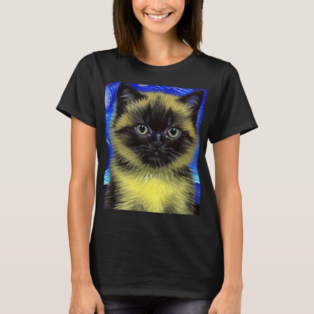 Van Gogh Starry Night Siamese Cat T-Shirt (Front)