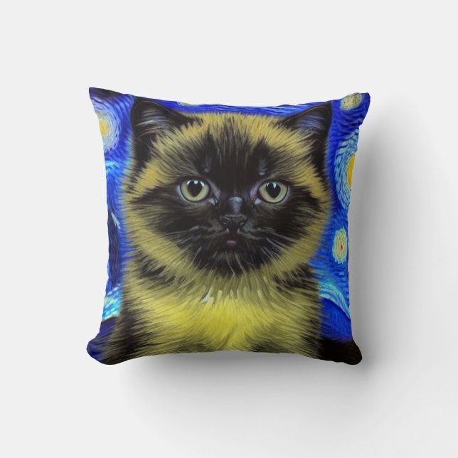 Van Gogh Starry Night Siamese Cat Throw Pillow (Front)