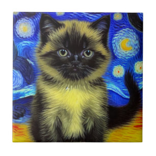 Van Gogh Starry Night Siamese Cat Tile