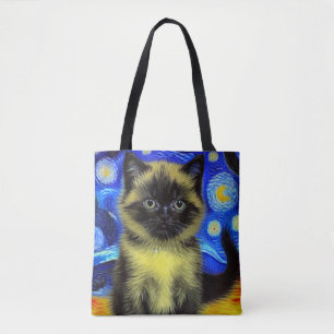 Van Gogh Starry Night Siamese Cat Tote Bag