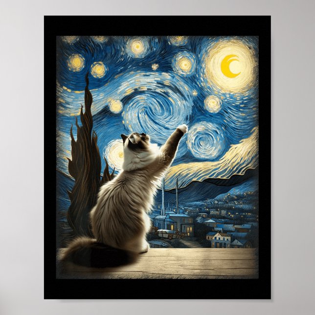 Van Gogh Starry Night Style Artistic Ragdoll Cat  Poster (Front)