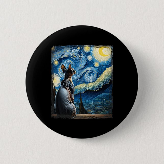 Van Gogh Starry Night Style Artistic Sphynx Cat  2 Inch Round Button (Front)