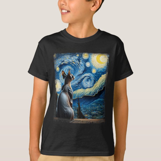 Van Gogh Starry Night Style Artistic Sphynx Cat  T-Shirt (Front)