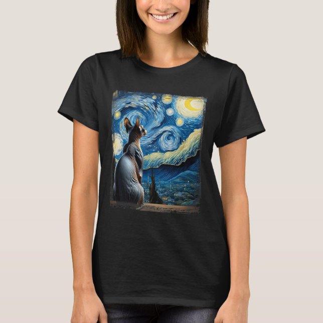 Van Gogh Starry Night Style Artistic Sphynx Cat  T-Shirt (Front)