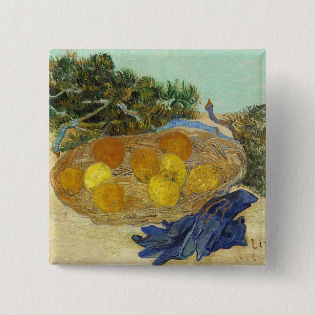 Van Gogh Still Life of Oranges Lemons Blue Gloves 2 Inch Square Button (Front)
