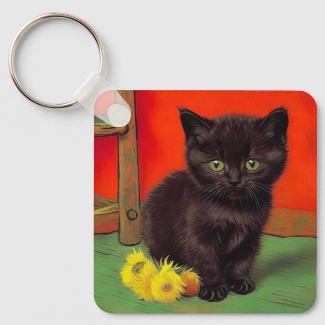 Van Gogh Style Black Cat Keychain (Front)