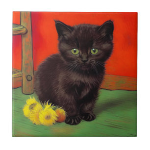 Van Gogh Style Black Cat Tile