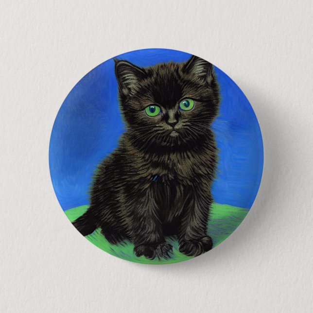 Van Gogh Style Black Kitten 2 Inch Round Button (Front)