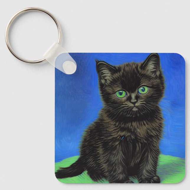 Van Gogh Style Black Kitten Keychain (Front)
