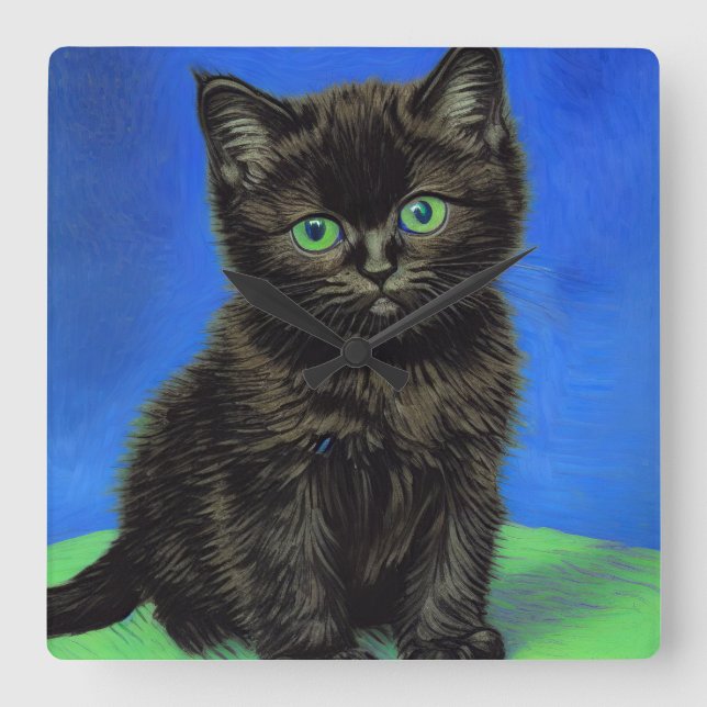 Van Gogh Style Black Kitten Square Wall Clock (Front)