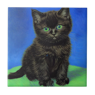 Van Gogh Style Black Kitten Tile