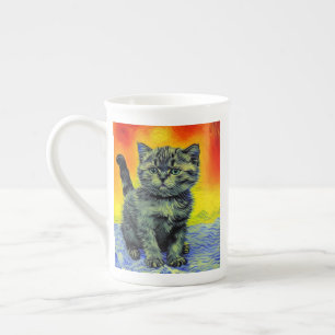 Van Gogh Style Cat Sunset Beach Bone China Mug