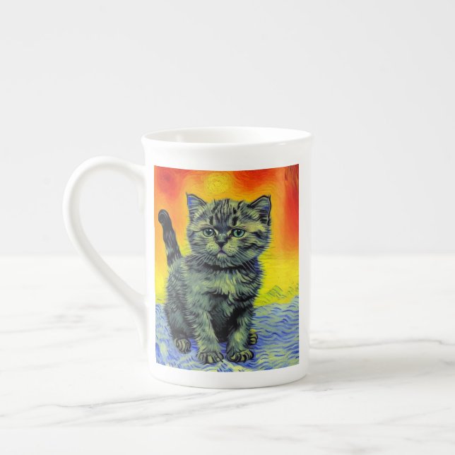Van Gogh Style Cat Sunset Beach Bone China Mug (Left)