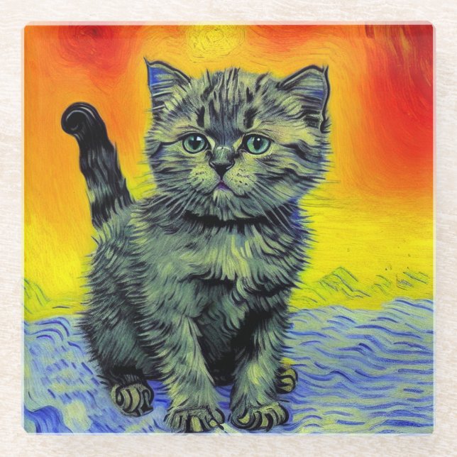 Van Gogh Style Cat Sunset Beach Glass Coaster (Front)