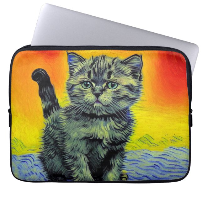 Van Gogh Style Cat Sunset Beach Laptop Sleeve (Front)