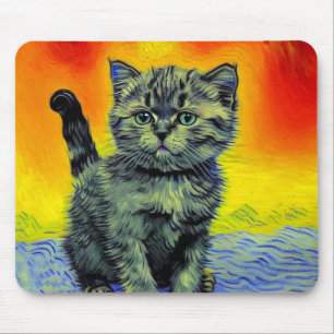 Van Gogh Style Cat Sunset Beach Mouse Pad