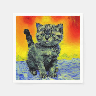 Van Gogh Style Cat Sunset Beach Napkin