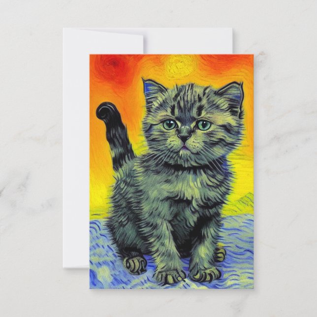Van Gogh Style Cat Sunset Beach RSVP Card (Front)