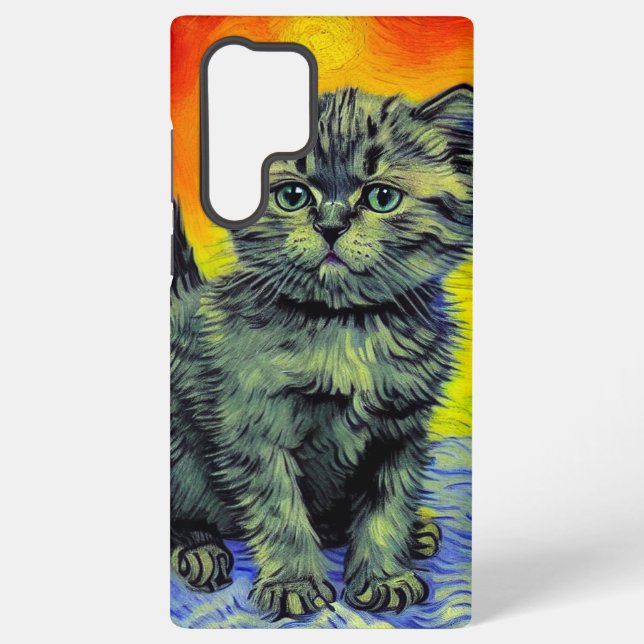 Van Gogh Style Cat Sunset Beach Samsung Galaxy S22 Ultra Case (Back)