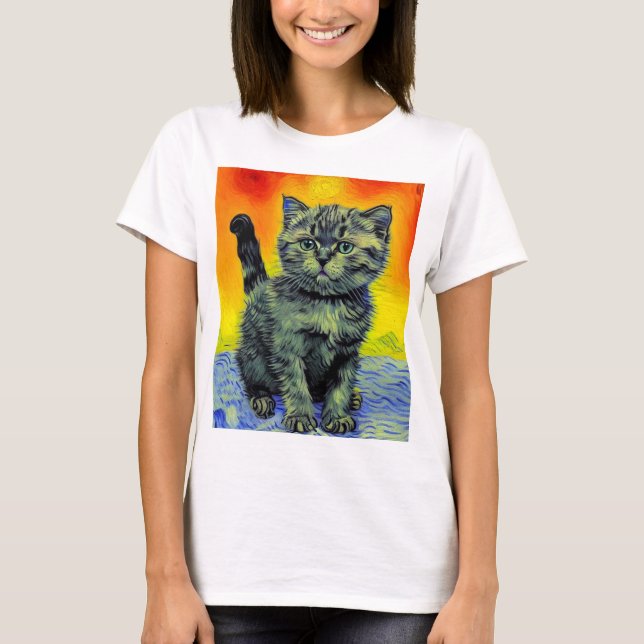 Van Gogh Style Cat Sunset Beach T-Shirt (Front)