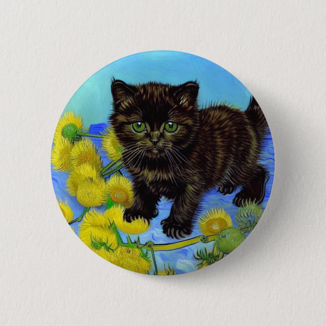 Van Gogh Style Cat with Sunflowers 2 Inch Round Button (Front)