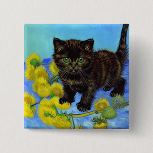 Van Gogh Style Cat with Sunflowers 2 Inch Square Button