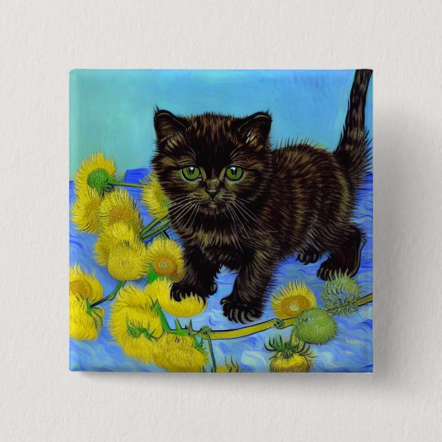 Van Gogh Style Cat with Sunflowers 2 Inch Square Button (Front)