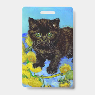Van Gogh Style Cat with Sunflowers Badge