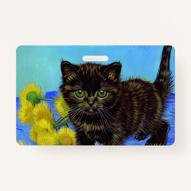 Van Gogh Style Cat with Sunflowers Badge (Front)