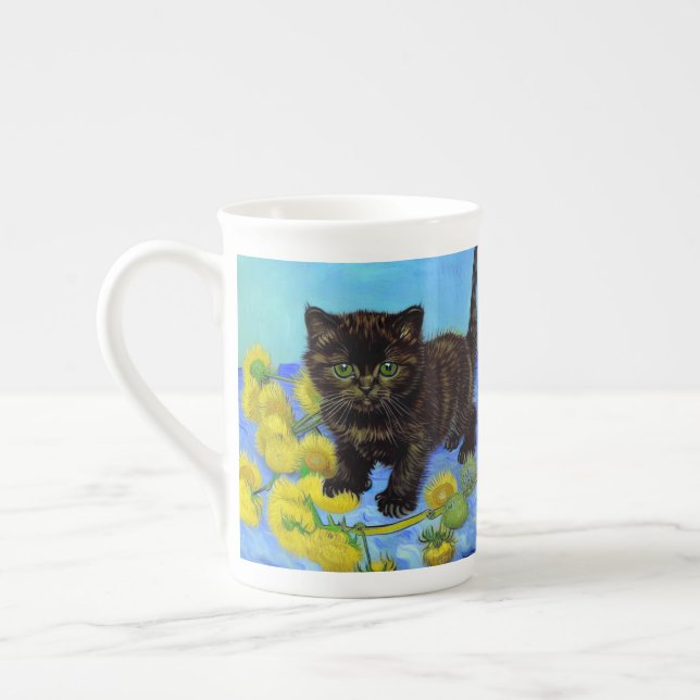 Van Gogh Style Cat with Sunflowers Bone China Mug (Left)