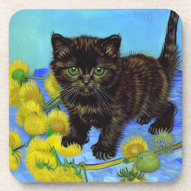 Van Gogh Style Cat with Sunflowers Coaster (Front)