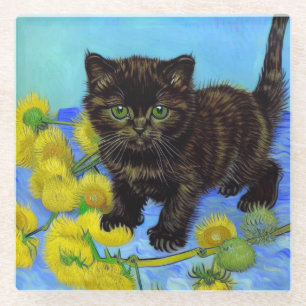 Van Gogh Style Cat with Sunflowers Glass Coaster