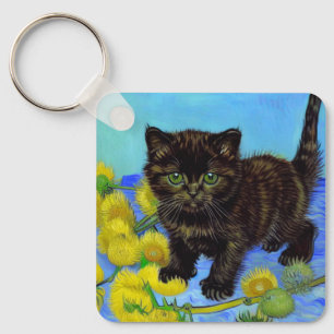 Van Gogh Style Cat with Sunflowers Keychain