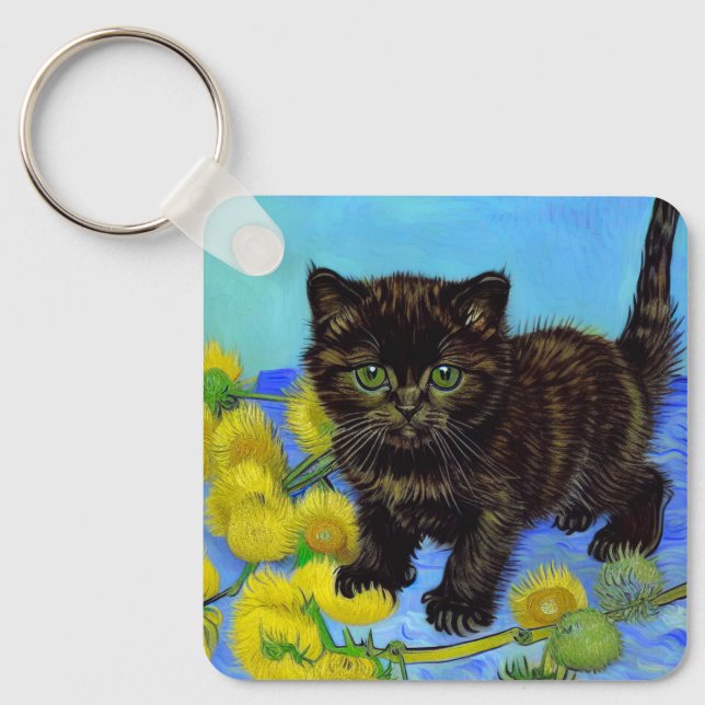 Van Gogh Style Cat with Sunflowers Keychain (Front)