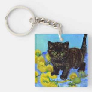 Van Gogh Style Cat with Sunflowers Keychain