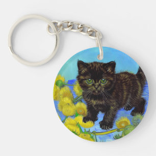 Van Gogh Style Cat with Sunflowers Keychain