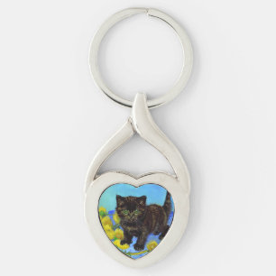 Van Gogh Style Cat with Sunflowers Keychain