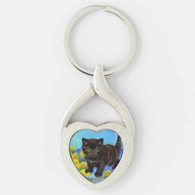 Van Gogh Style Cat with Sunflowers Keychain (Front)
