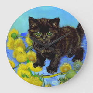 Van Gogh Style Cat with Sunflowers Large Clock
