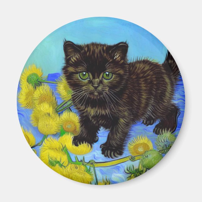 Van Gogh Style Cat with Sunflowers Magnet (Front)