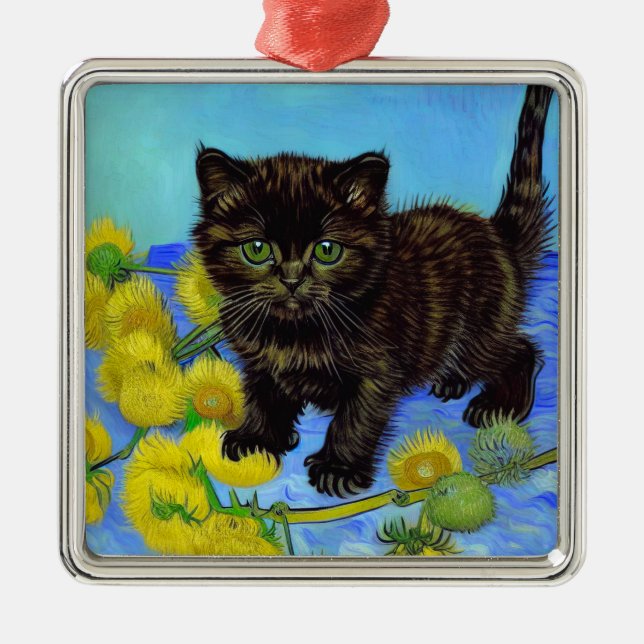 Van Gogh Style Cat with Sunflowers Metal Ornament (Front)