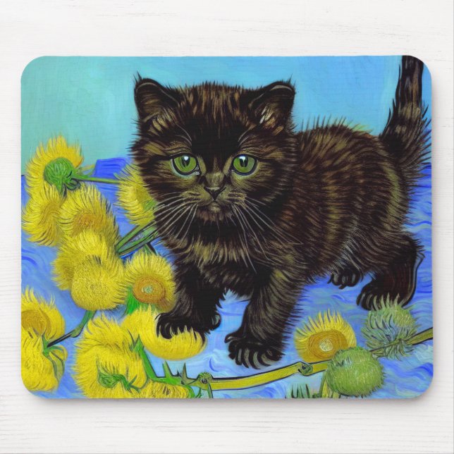 Van Gogh Style Cat with Sunflowers Mouse Pad (Front)