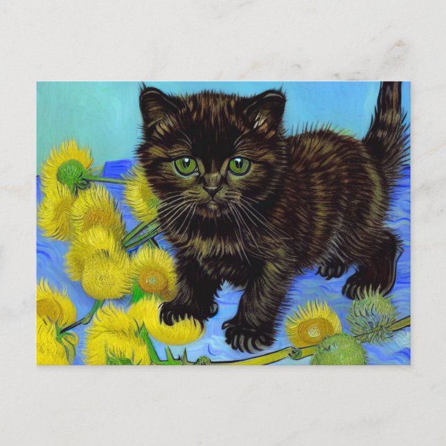 Van Gogh Style Cat with Sunflowers Postcard (Front)