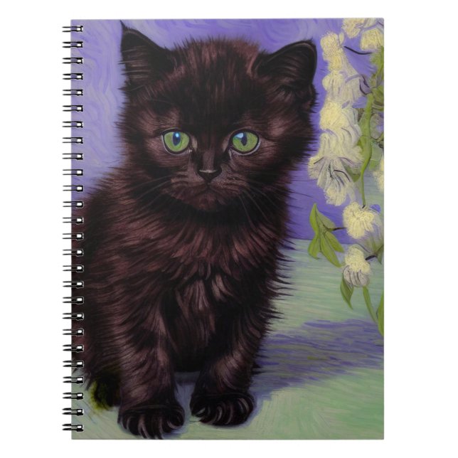 Van Gogh Style Cat with White Flowers Notebook (Front)