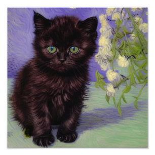 Van Gogh Style Cat with White Flowers Photo Print