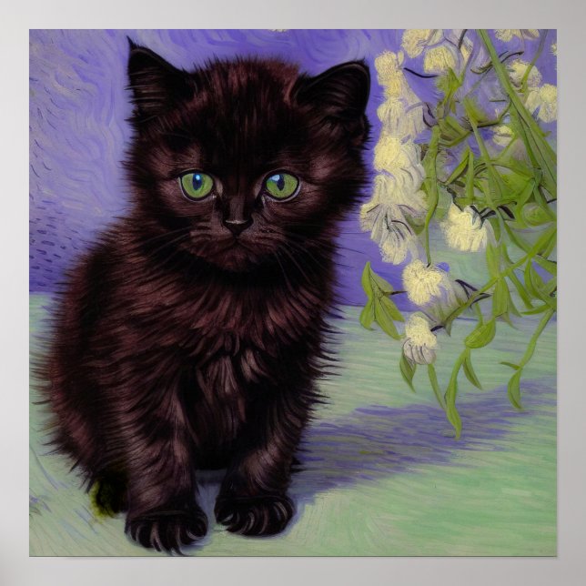 Van Gogh Style Cat with White Flowers Poster (Front)