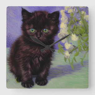 Van Gogh Style Cat with White Flowers Square Wall Clock