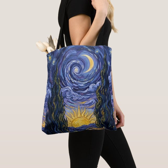 Van Gogh Style Cypress Dusk Midnight Moon Fine Art Tote Bag (Close Up)