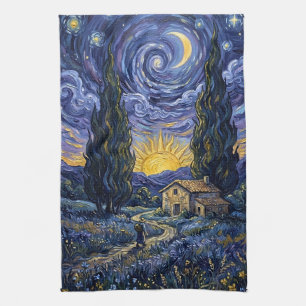 Van Gogh Style Cypress Dusk Midnight Moon Kitchen Towel