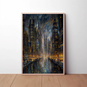 Van Gogh Style Futuristic Cityscape Art Poster
